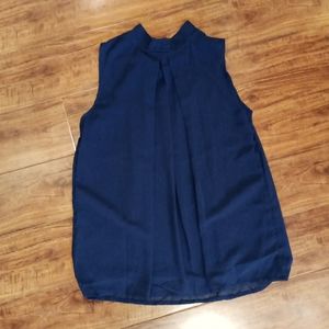 Hang Navy Blue Pleated Chiffon Tank with Keyhole Back, XL